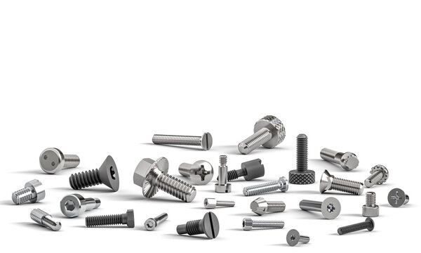 Fasteners scattered on white background 3d