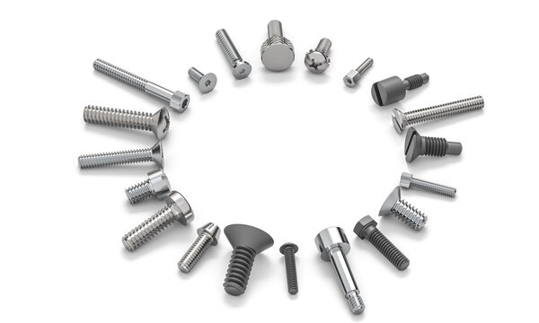 Metal screws and bolts forming a circle 3d