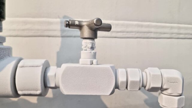 Heavy White Frost and Ice Accumulation on an Industrial Metal Pipeline Valve, Cryogenic Refrigeration Concept