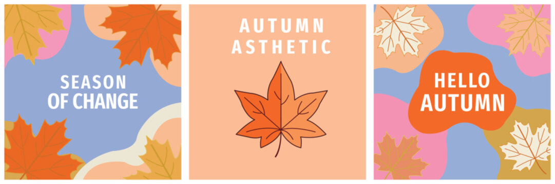 Autumn social media posts set with maple leaves, abstract shapes and text season of change, autumn aesthetic, hello autumn quotes