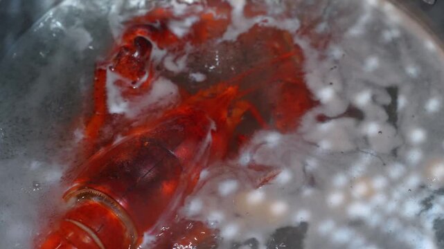 Close up of lobster cooking in boiling water. Foamy bubbles float around the red shell in a hot metal saucepan.