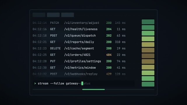 API status console log scrolling over dark background seamless loop