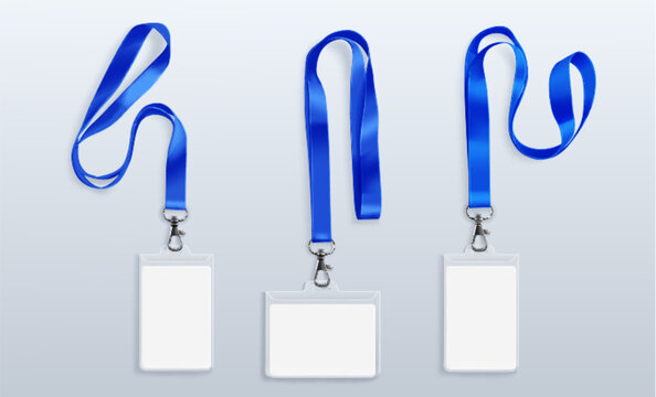 Realistic set of company badges with blue lanyard strap. Vector illustration of blank vertical and horizontal corporate ID card mockups, employee identification document, VIP event credential pass