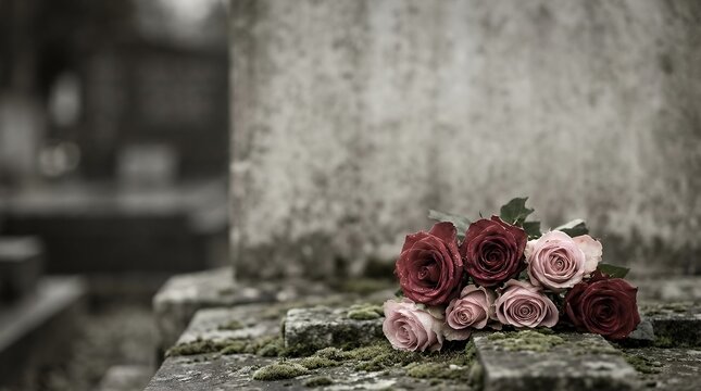 A poignant detail of roses placed at a cemetery representing an offering and memory for those who have passed evoking sadness and remembrance for a memorial concept roses in the cemetery Detail of