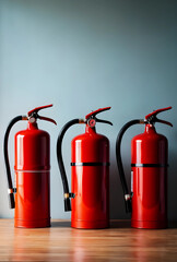 Obraz premium Fire safety and emergency preparedness, three red fire extinguishers lined up on a wooden surface for building protection and workplace hazard prevention