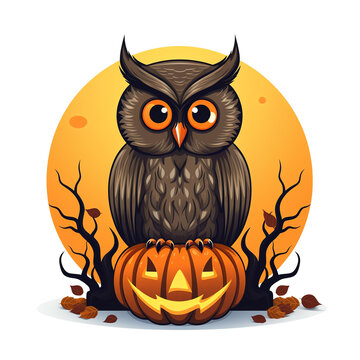 Spooky cute owl perched on a jack o lantern pumpkin with full moon and bare trees, Halloween circular vector illustration transparent background