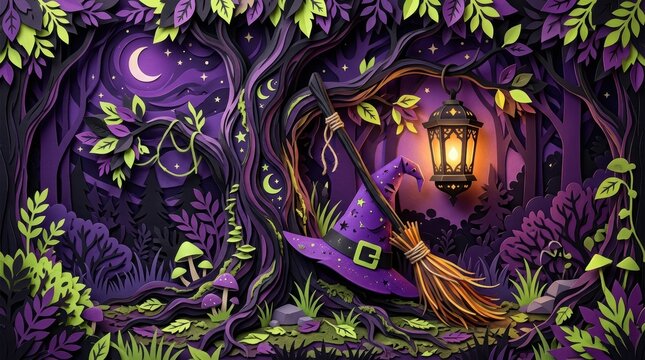 Halloween witch hat and broom in enchanted forest 3D illustration