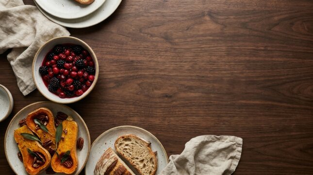 Rustic Wooden Table with Roasted Pumpkin Salad Sliced Bread and Fresh Cranberries