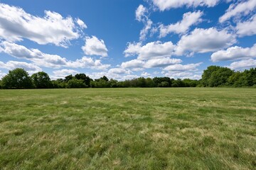 Fototapeta premium The Vast Open Field Under a Bright Sky with Fluffy Clouds