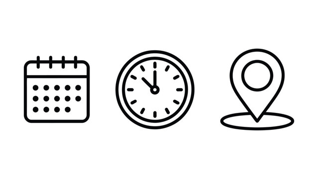 Calendar clock and location icons representing time management scheduling appointments events planning organization tasks deadlines meetings navigation