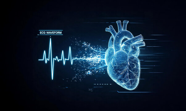 Digital Holographic Human Heart with ECG Pulse Line Medical Technology Concept