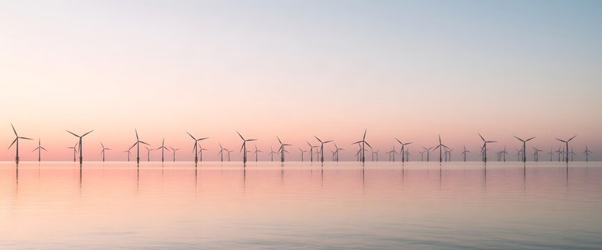 Wind Turbine Farm Across a Calm Coastal Horizon