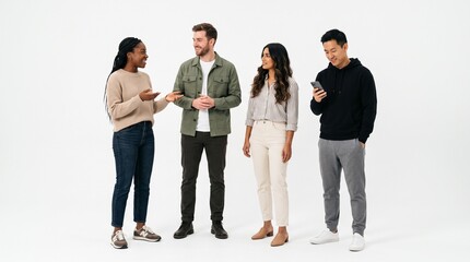 Obraz premium Group of diverse young adults standing and talking together isolated on white background