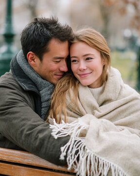 Couple sharing blanket on park bench for a romantic couple sharing blanket on park bench autumn moment, capturing a cozy couple sharing blanket on park bench outdoor portrait.