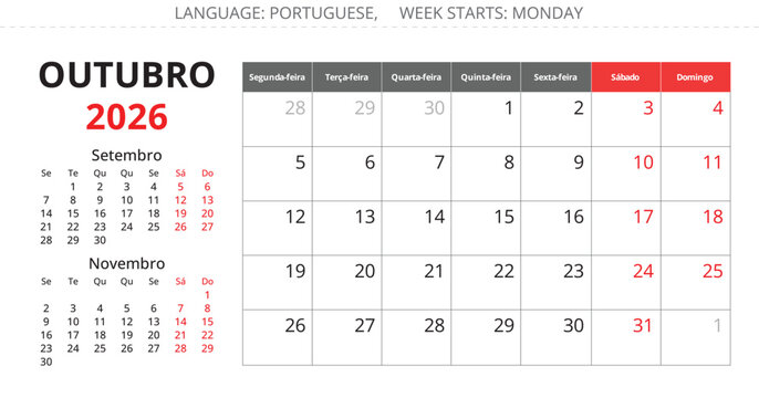 2026 Portuguese October monthly calendar planner page &ndash; Outubro. Vector illustration Portugal