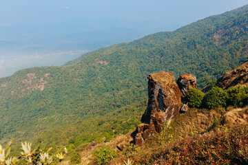 Obraz premium Mountain cliff rock formation overlooking Viewpoint of National Park Doi Inthanon Chiang Mai, top highest mountain of Thailand.