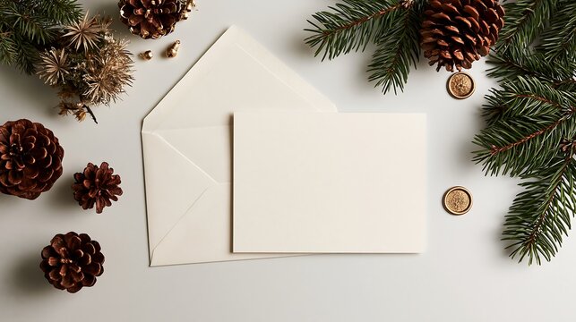 Blank greeting card with envelope isolated on transparent background surrounded by festive pine branches and cones. Ideal for Christmas holiday card designs.