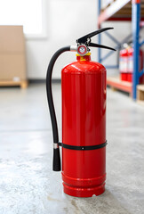 Obraz premium Fire safety and workplace compliance, red fire extinguisher standing in a warehouse for emergency preparedness and industrial hazard prevention protocols