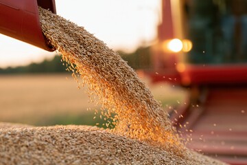 Naklejka premium The Grain Spill: Pouring Crops into a Golden Harvest Pile