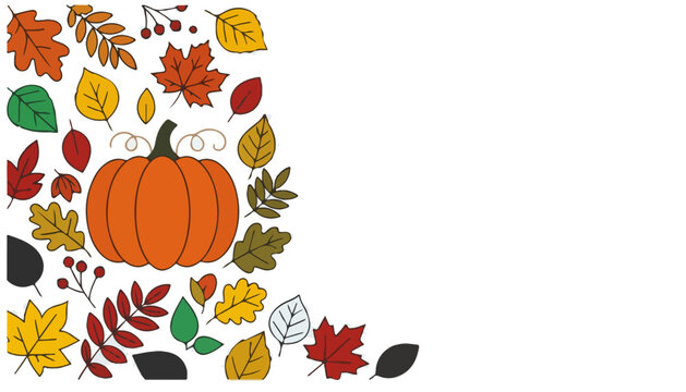 Colorful autumn leaves and pumpkin illustration on white background.