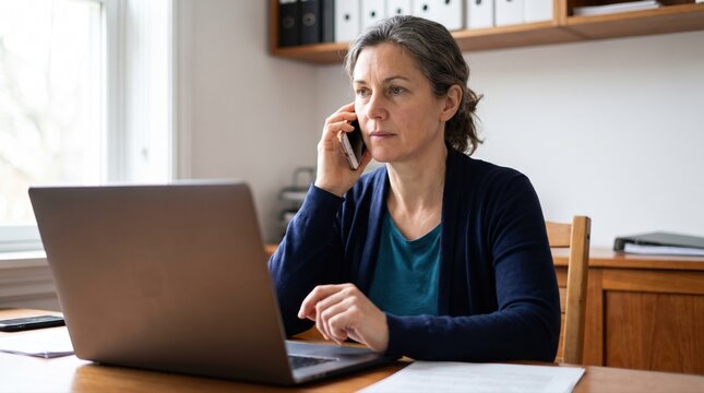 School staff member making an emergency phone call while working at a laptop, crisis communication, emergency response coordination, school safety and incident management concept.