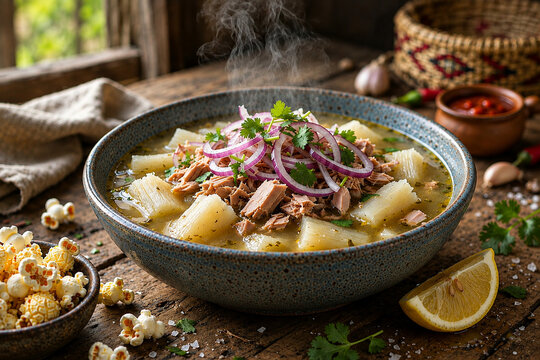 Traditional Ecuadorian encebollado fish soup with yuca