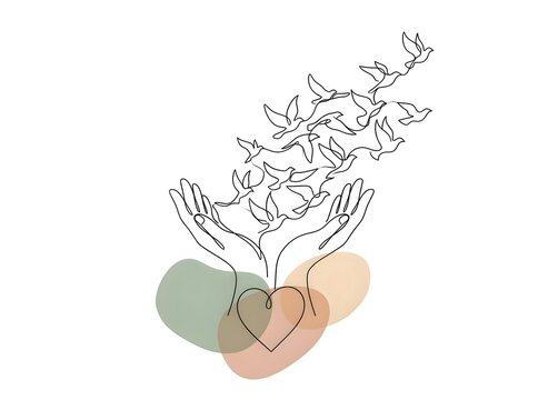 Continuous line art hands releasing birds from heart for anxiety relief