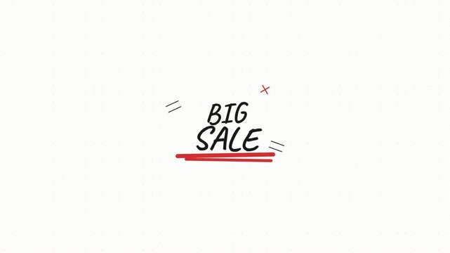 Animated hand-drawn big sale text with red underline on dotted background. A minimalist promotional video template with doodle accents, perfect for retail discount banners and social media marketing c