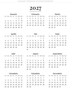 Romanian calendar 2027 for Romania, Moldova, minimalist, printable, yearly vector planner