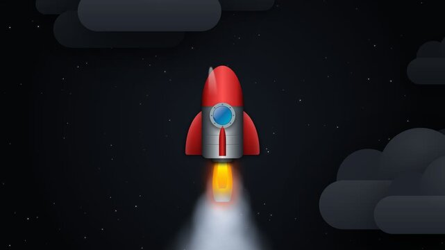 A retro rocket ship blasting off into a starry night sky with clouds