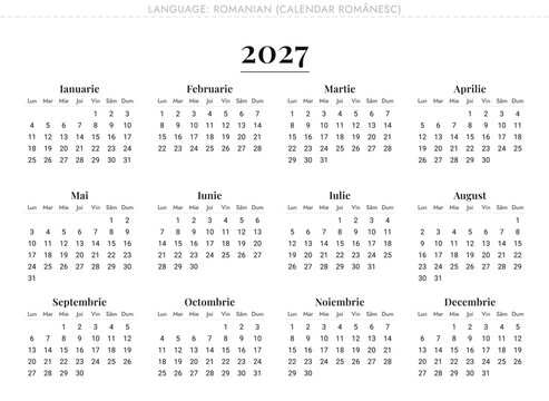 Romanian calendar 2027 for Romania, Moldova, minimalist, printable, yearly vector