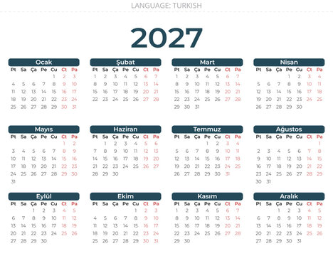 Turkish calendar 2027 for Turkey simple monthly grid highlighted weekends