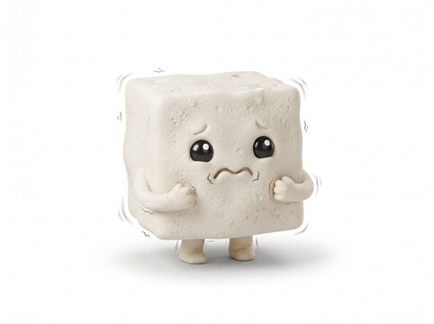 3d cartoon Shivering tofu cube character with a sad face expression