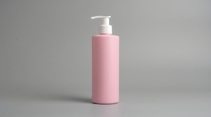 Pink cosmetic bottle with a white pump dispenser standing upright pink bottle © ChaohM