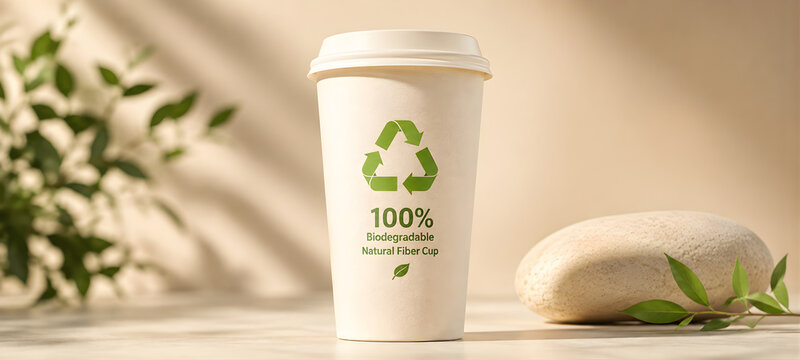 Eco Friendly Biodegradable Natural Fiber Coffee Paper Cup on Marble Surface with Green Leaves