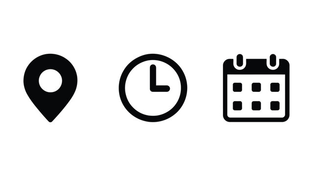 Simple icons representing location time and calendar useful for scheduling appointments planning events and tracking dates on a white background
