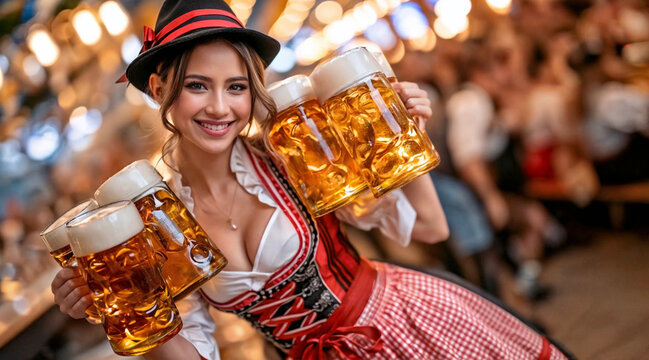 Blonde waitress in traditional Bavarian dirndl dress carrying beer mugs in festive party atmosphere. Octoberfest celebration and German autumn festival concept. Lifestyle portrait for poster