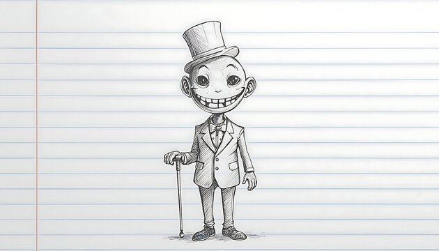   
"Black ink drawing on lined notebook paper of whimsical cartoon character with round head big eyes exaggerated smile wearing suit bow tie top hat holding cane playful imaginative sketch