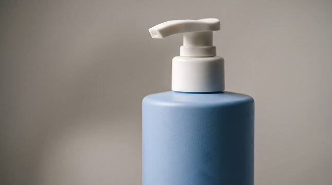 Close up of a blue cosmetic bottle with white pump dispenser blue bottle
