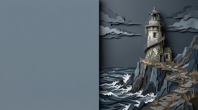 Paper cut lighthouse on rocky cliff 3D render illustration