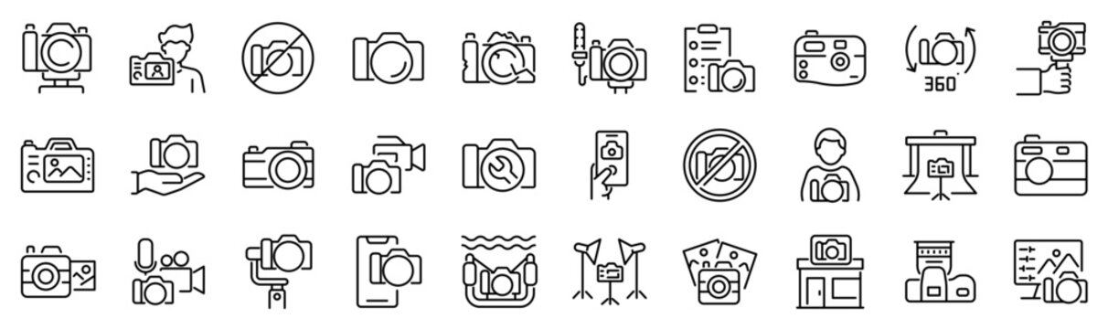 Set of 30 outline icons related to camera. Linear icon collection. Editable stroke. Vector illustration