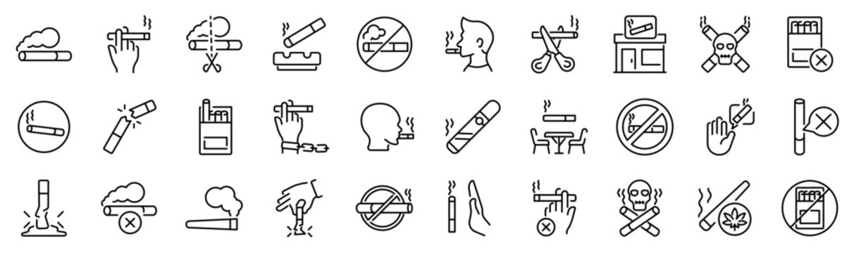 Set of 30 outline icons related to cigarette. Linear icon collection. Editable stroke. Vector illustration