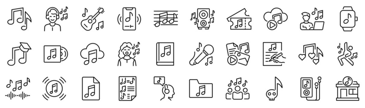 Set of 30 outline icons related to note. Linear icon collection. Editable stroke. Vector illustration