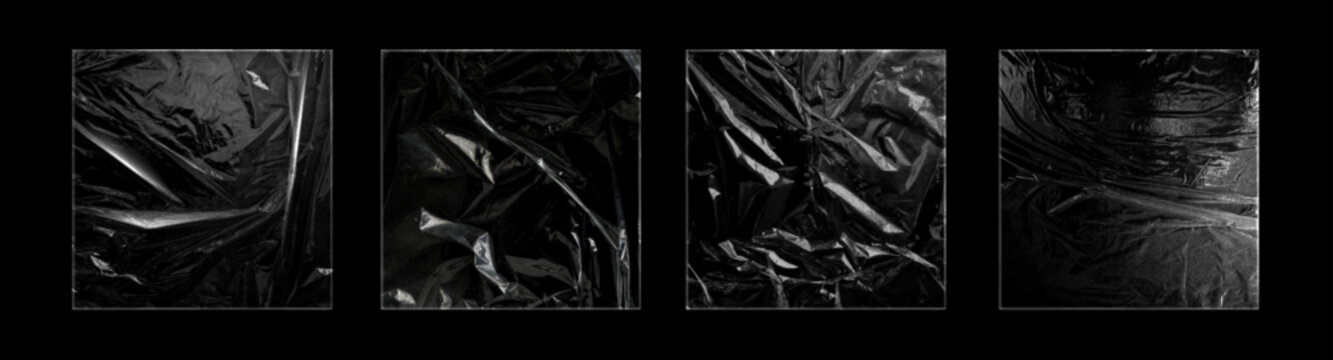 Realistic plastic wrap mockup set isolated on black background. Vector illustration of transparent vinyl package with wrinkle texture overlay, glossy shrink film surface, old CD album cover design