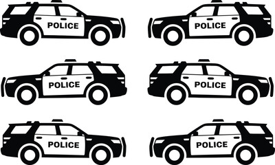 Black and white police car icon vector set, modern minimalist law enforcement vehicle graphics and patrol symbols. © Shapla