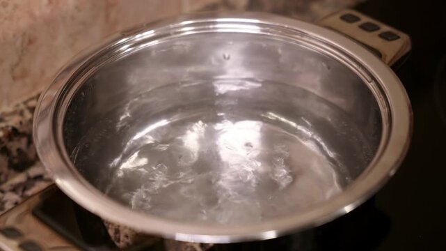 Water reaching a rolling boil in stainless steel pot on stove.
