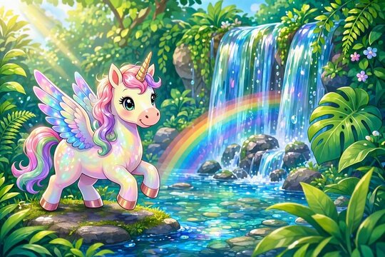 A small adorable unicorn with iridescent wings prancing beside a cascading rainbow waterfall