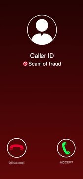 Scam call alert on smartphone screen with fraud warning label. Cybersecurity content, phone scam awareness campaigns, and fraud prevention.