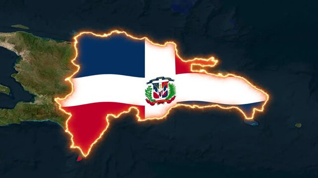 Dominican republic map glowing with animated flag in motion video