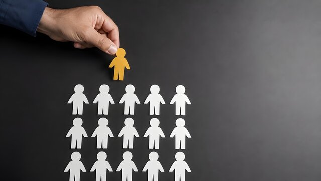 Hand placing yellow paper cutout person into grid of white figures